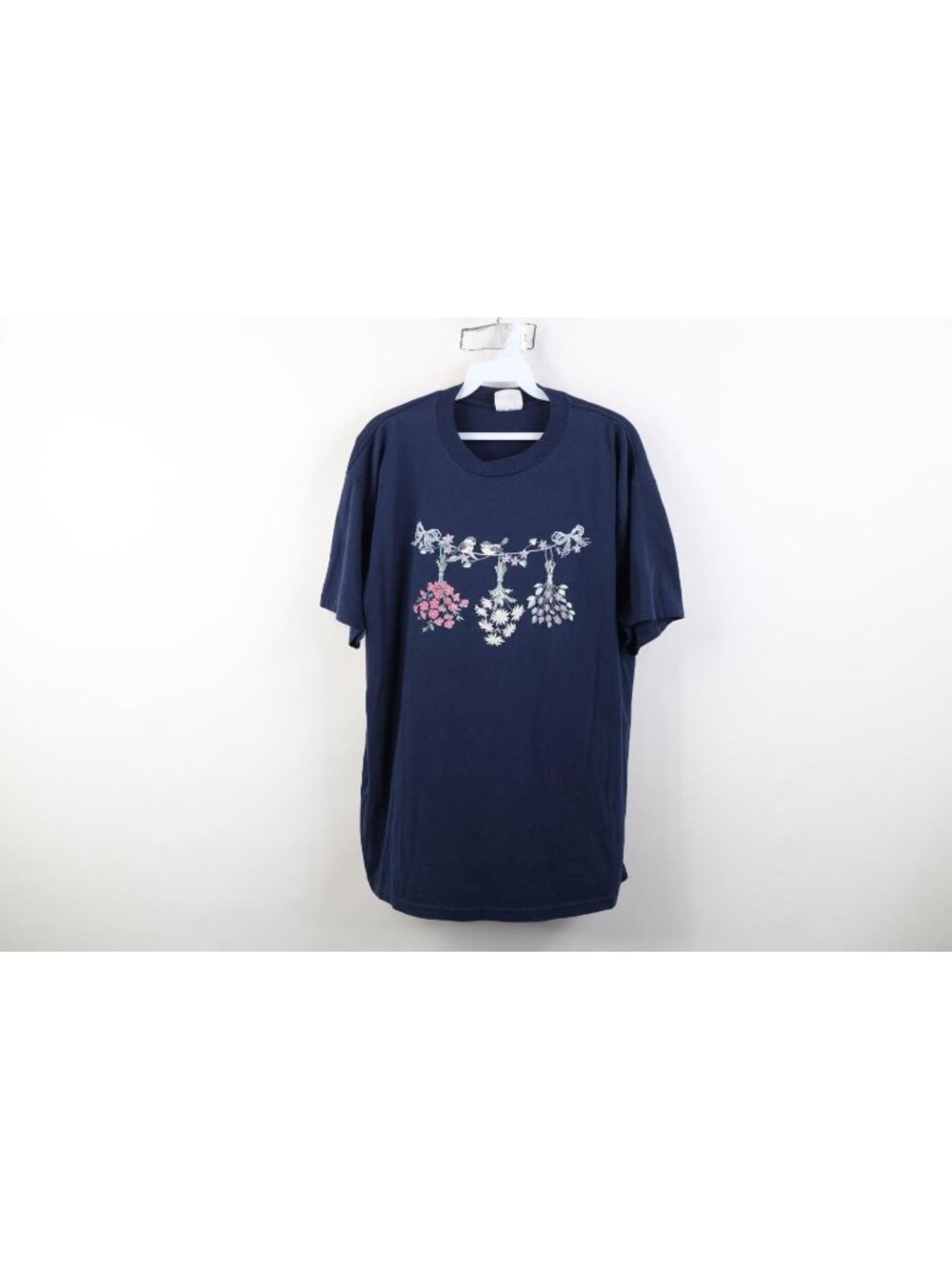 Vintage 90s Streetwear Womens Large Nature Flower Bird Short Sleeve T-Shirt Blue